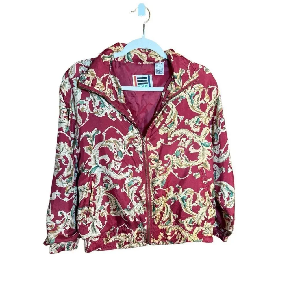 EVR DIV Rousso Apparel Vintage 100% Silk Women's Bomber Jacket Leaves Tan Red Sz